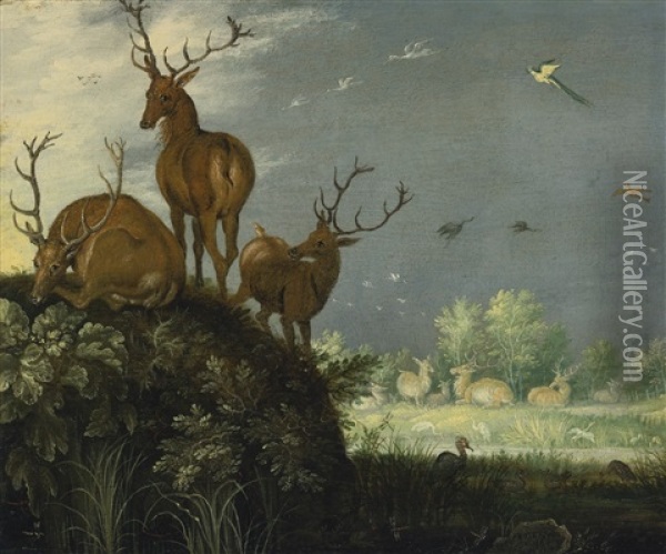 Three Stags In A Landscape Oil Painting - Roelandt Savery