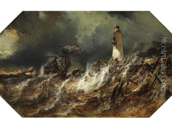 Vor Klippenufer Mit Leuchtturm Kenterndes Segelschiff Oil Painting - Louis-Gabriel-Eugene Isabey