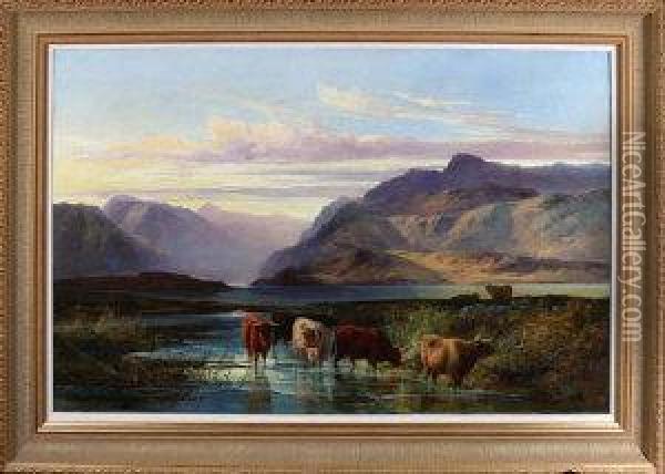 Cattle On The Shore Of A Loch Oil Painting - Joseph Denovan Adam