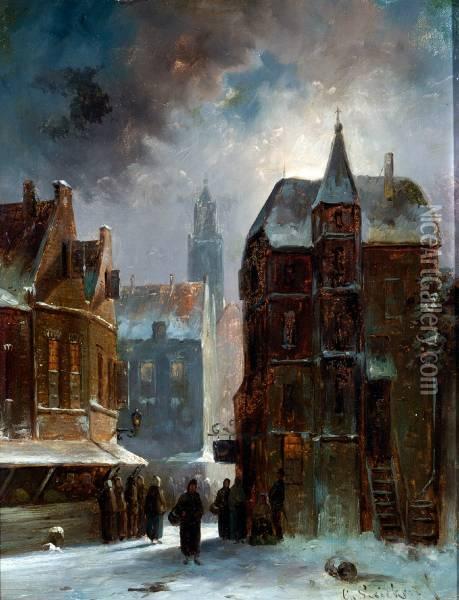 Winters Stadsgezicht Bij Maanlicht Oil Painting - Charles Henri Leickert