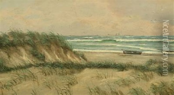 Seashore With Dinghies On The Beach, On The Horizon Sailing Ships Oil Painting - Viggo Lauritz Helsted