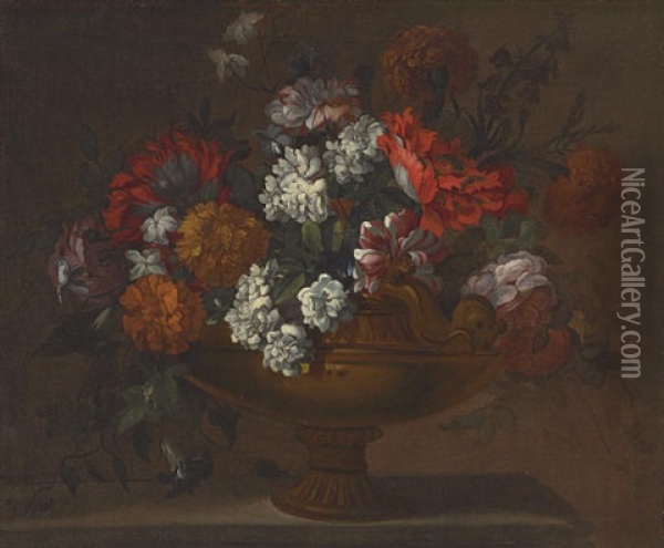 Peonies, Tulips And Other Flowers In An Urn, On A Ledge Oil Painting - Pieter Casteels III