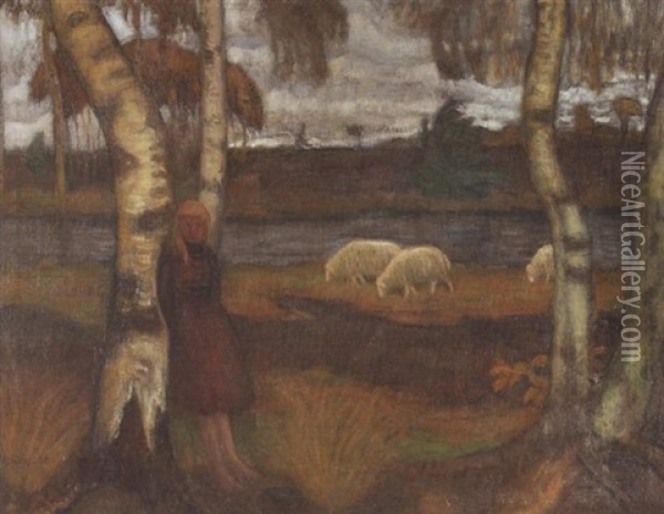 Herbst Im Moor (madchen Und Schafe Am Moorgraben) Oil Painting - Otto Modersohn