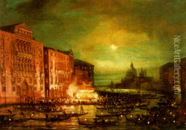Nocturnal Festival In Venice Oil Painting - Carlo Grubacs