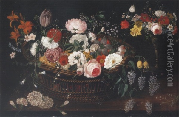 Still Life Of Mixed Flowers In A Basket With A Bouquet Of Flowers In A Gilt Tazza Upon A Table Top Oil Painting - Jan Brueghel the Elder