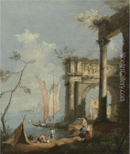A Venetian Architectural Capriccio With Fishermen And Elegant Figures In The Foreground Oil Painting - Francesco Guardi