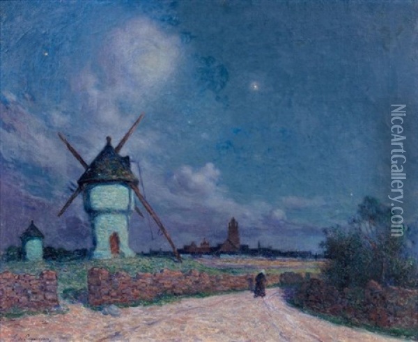 Le Moulin De Batz-sur-mer Au Clair De Lune Oil Painting - Ferdinand du Puigaudeau