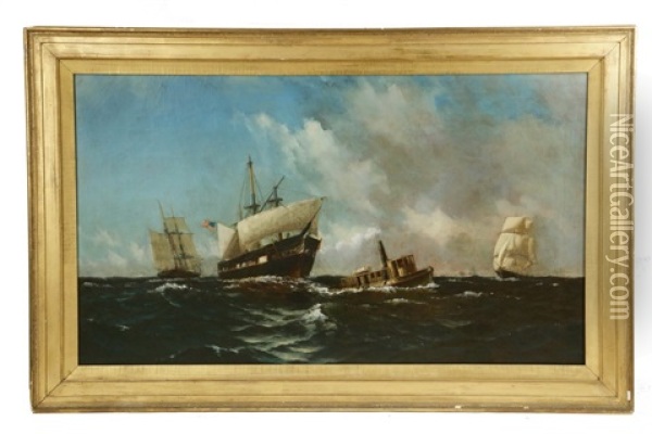 Us Navy Warship Under Tow After Dismasting Oil Painting - William Edward Norton
