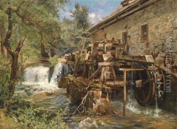 Mill At A Stream Bank Oil Painting - Georg Holub