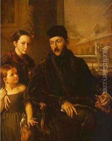 Portrait Of DP Voyeikov With His Daughter And The Governess Miss Sorock 1842 Oil Painting - Vasili Andreevich Tropinin