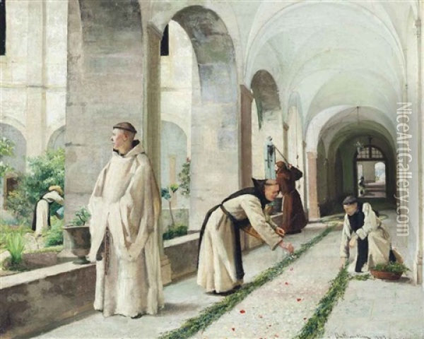 Monks Gardening In Hautecombe Abbey, Savoy Oil Painting - Louis Joseph Anthonissen