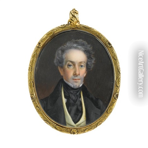 Miniature Portrait Of A Gentleman In A Yellow Waistcoat Oil Painting - John Carlin