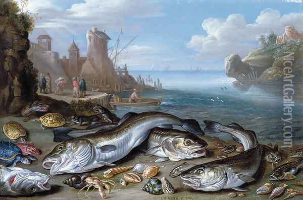 Harbour Scene with Fish 1660 Oil Painting - Jan van Kessel