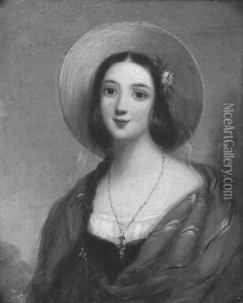 A Portrait Of A Young Girl, A 
Red And Gold Shawl Around Her Shoulders And Wearing A Bonnet And A 
Flower In Her Dark Hair Oil Painting - John Callcott Horsley