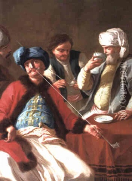 Four Oriental Men Smoking And Drinking Chocolate At A Table Oil Painting - Giovanni Antonio Pellegrini