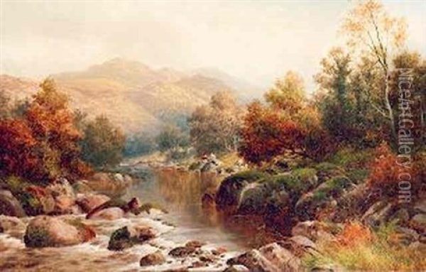 Welsh River Scene With Boys Fishing Oil Painting - William Henry Mander