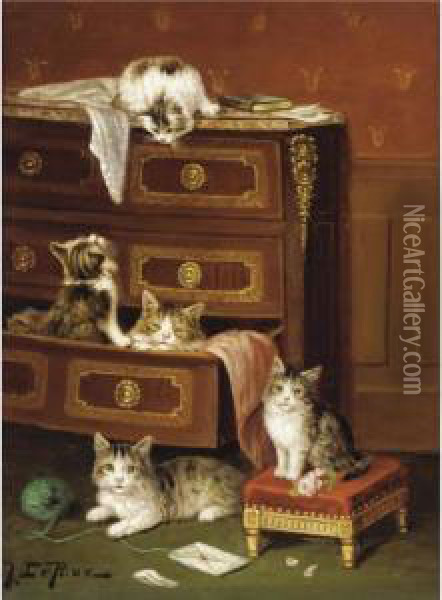 Musical Kittens; A New Hiding Place Oil Painting - Jules Leroy
