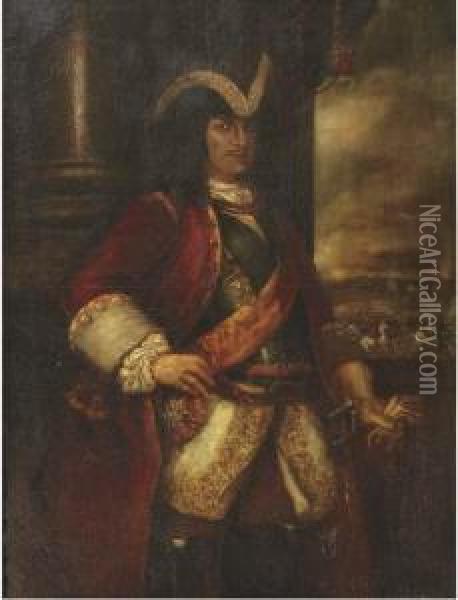 Portrait Of A Nobleman, Three-quarter-length, In Uniform, Standing In A Battlefield Oil Painting - Vittore Ghislandi