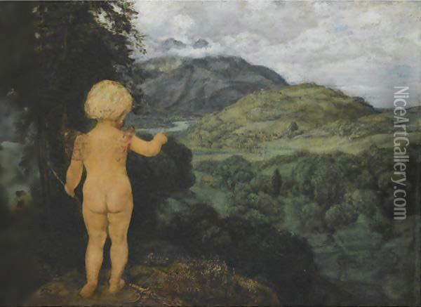 Cupid As Landscape Painter Oil Painting - Hans Thoma
