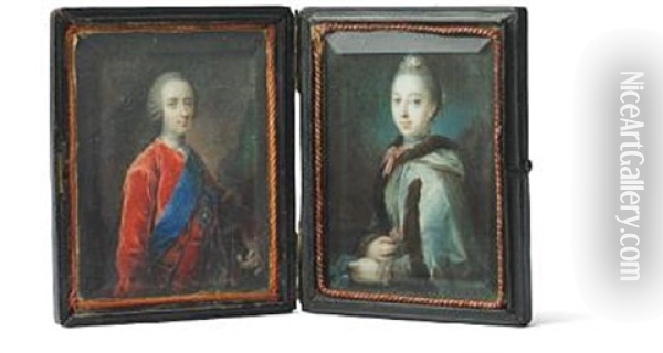 A Pair Of Miniature Portraits Of Count A. G. Moltke (1710-1792) And His Second Wife Sophie Hedvig, Nee Raben (1732-1802) (after C. G. Pilo) Oil Painting - Cornelius Hoeyer