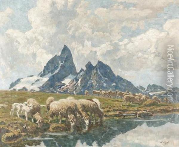 Schafherde Im Hochgebirge. Oil Painting - Georg Hanel