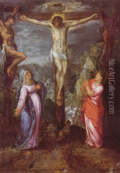 The Crucifixion With The Virgin Mary And Saint John The Evangelist Oil Painting - Jacob Symonsz Pynas