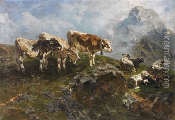 Kalber Und Schafe Im Hochgebirge Oil Painting - Anton Braith