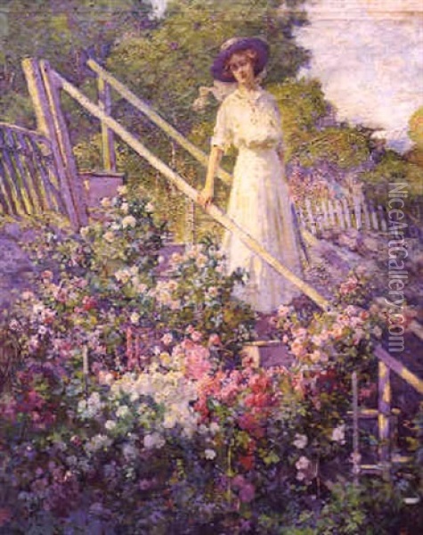 Lady In White In The Garden Oil Painting - Abbott Fuller Graves