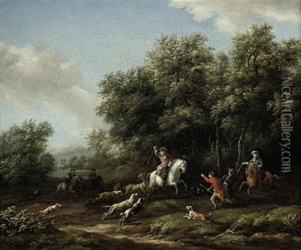 A Wooded Landscape With A Stag Hunt Oil Painting - Barend Gael