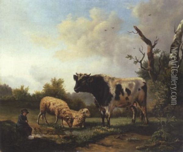 Stier Und Schafe In Wiesenlandschaft Oil Painting - Balthasar Paul Ommeganck