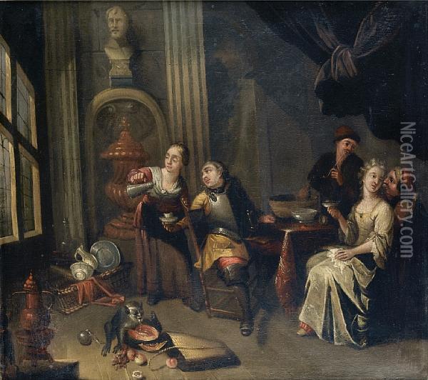 An Elegant Interior With Soldiers And Womencarousing Oil Painting - Hendrik Govaerts