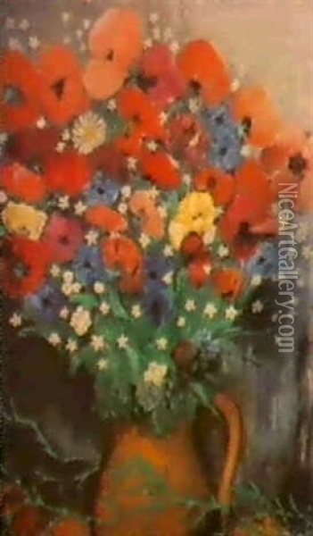 Roda Blommor I Vas Oil Painting - Anna Berg