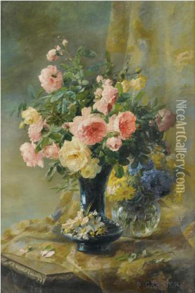 Vase De Roses Et Vase De Myosotis Oil Painting - Pierre Garnier