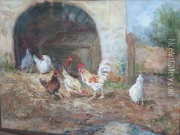 Poultry In A Yard Oil Painting - John Falconar Slater