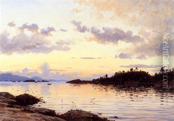 Norwegian Estuary At Sunset Oil Painting - Adelsteen Normann