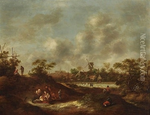 Bleaching Of Cloths Near Haarlem In The Background The Church Grote Kerk Oil Painting - Nicolaes Molenaer