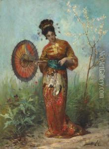 A Japanese Woman With A Parasol Oil Painting - Pierre-Marie Beyle