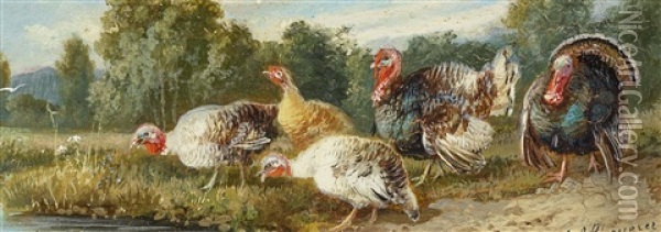 Brood Of Turkeys Oil Painting - Julius Scheuerer