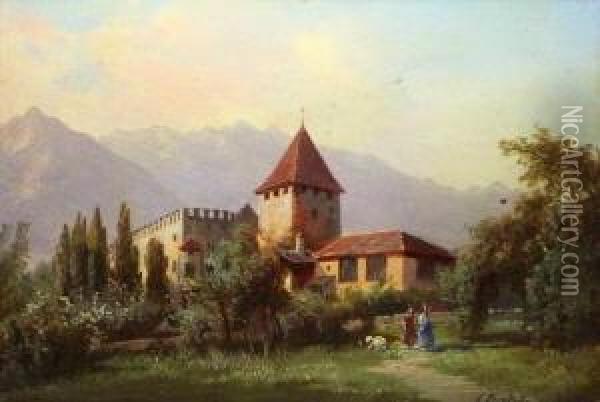 Burg Rubain Bei Meran, Mit Figurenstaffage Oil Painting - Karl Fuchs