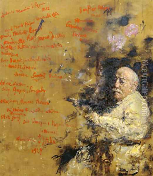 Self Portrait with Autobiographical Script Oil Painting - Antonio Mancini