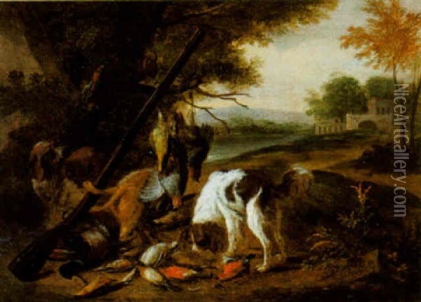 Dogs With Dead Game Oil Painting - Adriaen de Gryef