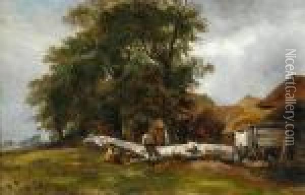 Resting On A Fallen Tree By The Farmyard Oil Painting - Frederick Richard Lee