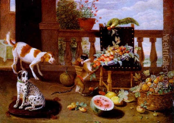 Zwei Hunde, Ein Affchen Und Ein Papagei Mit Fruchten Auf Einer Schlosterasse Oil Painting - Jan van Kessel the Younger