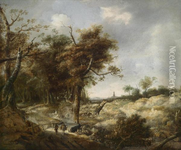 Landscape With Dunes And A Woodland Pathwith Figural Group Oil Painting - Jan Looten