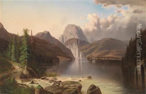 View Of Lake Konigssee With St. Bartoloma In The Background Oil Painting - Adolf Chwala