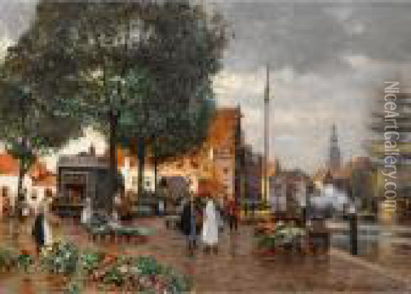 The Flower Market In Amsterdam Oil Painting - Heinrich Hermanns