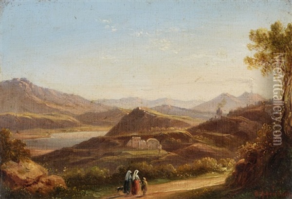 Lago Di Agnano Near Naples With A View Of Vesuvius Oil Painting - Oswald Achenbach