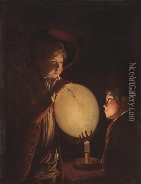 Two Boys By Candlelight, Blowing A Bladder Oil Painting - Joseph Wright