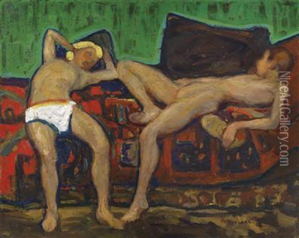 Two Resting Nudes Oil Painting - Adolf Hoelzel