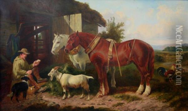 In The Farmyard: The Midday Meal Oil Painting - John Frederick Herring Snr